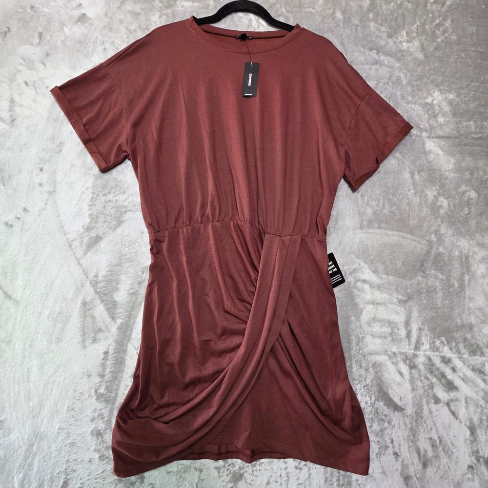Express Womens Mahogany Brown Draped Wrap Front Knit T-Shirt Dress Large NWT